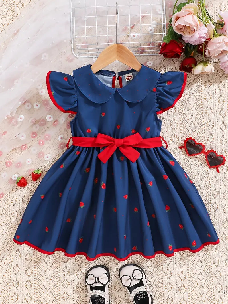 Robe Bébé Fille Bleu Marine à Motifs Fraises avec Nœud Rouge – Tenue Mignonne Été