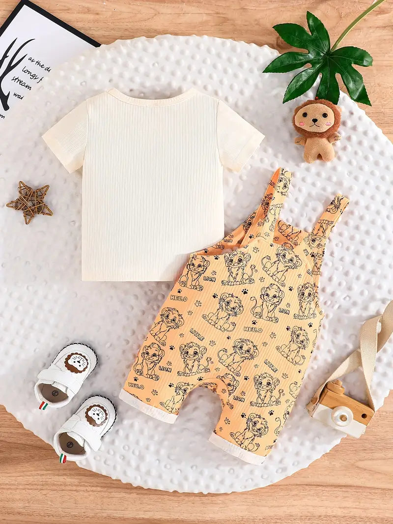 Ensemble Bébé Été avec Salopette Lion et T-shirt Coton – Tenue Confortable et Mignonne