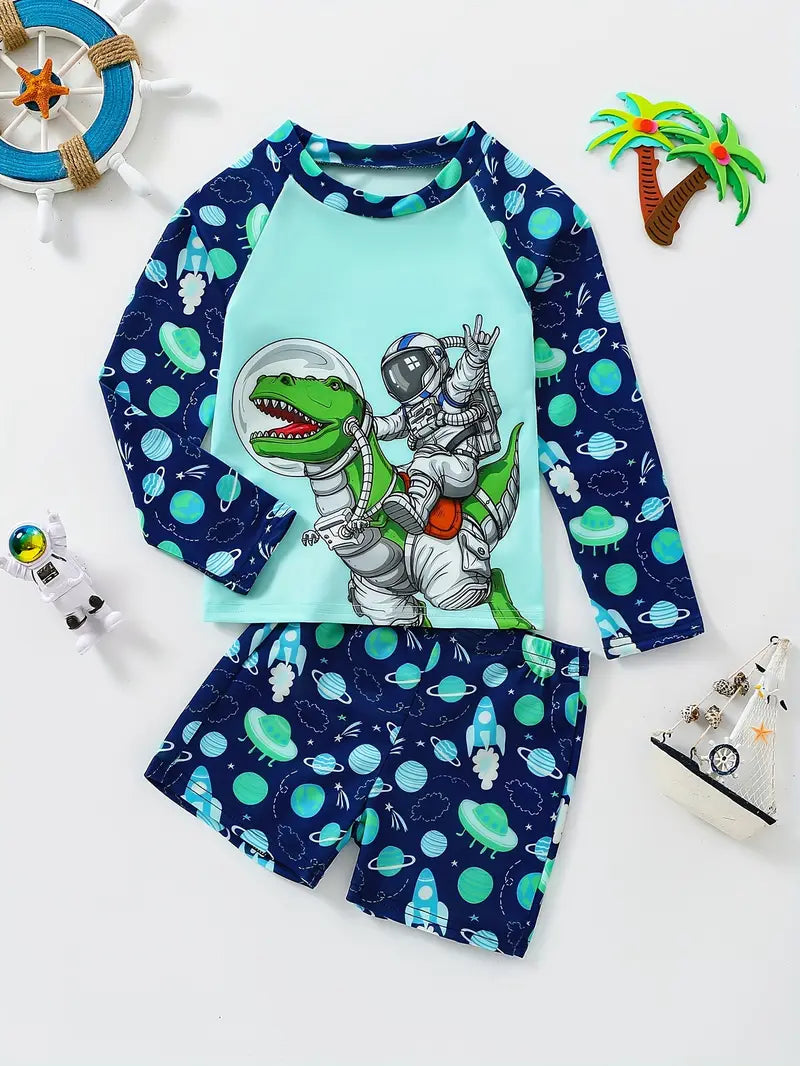 Maillot de bain garçon deux pièces anti-UV à manches longues motif espace fusée et planètes – Protection solaire plage et piscine