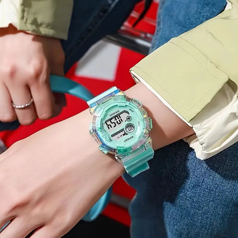 Montre Digitale Enfant Sport Étanche – Bracelet Silicone Vert Transparent avec Écran LED