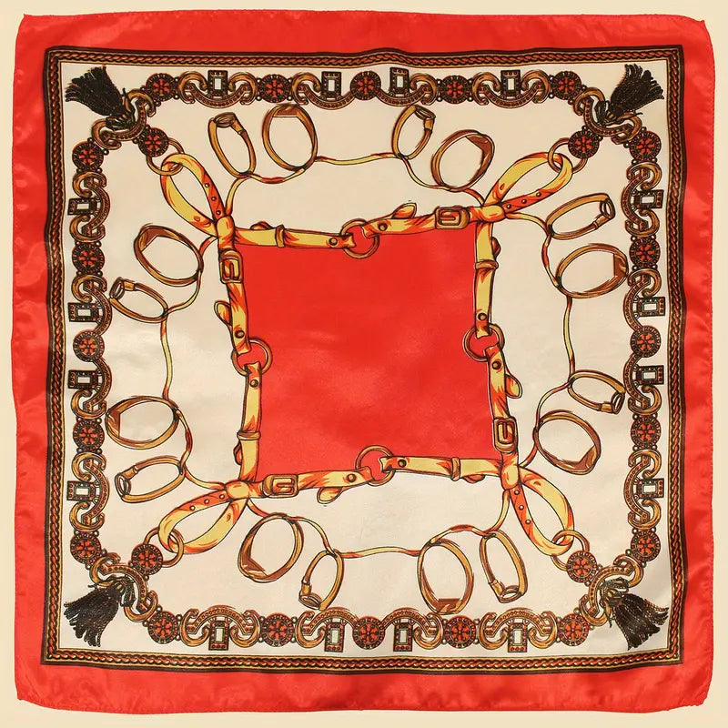 Foulard carré en soie motif équestre rouge et doré – Écharpe élégante pour femme