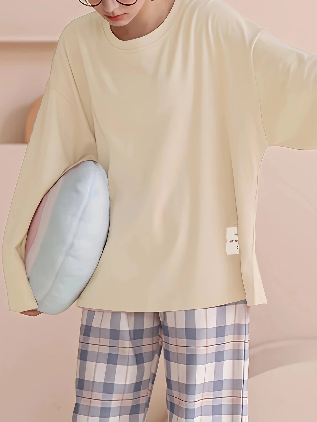 Pyjama Femme Long Confort Oversize – Haut Manches Longues & Pantalon à Carreaux, Ensemble Doux et Décontracté