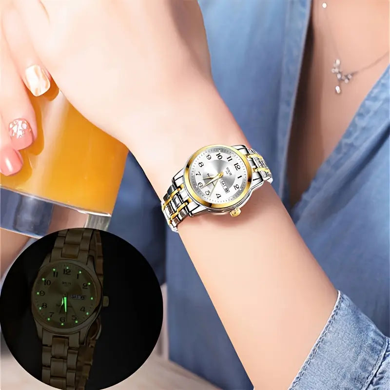 Montre femme acier bicolore argent et or – Quartz lumineux avec affichage date