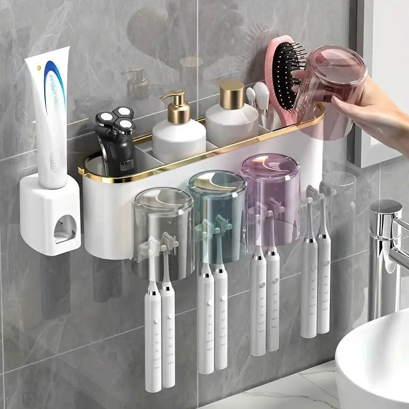 Organisateur Mural Salle de Bain avec Gobelets et Porte-Brosses – Support Multifonction avec Distributeur Dentifrice