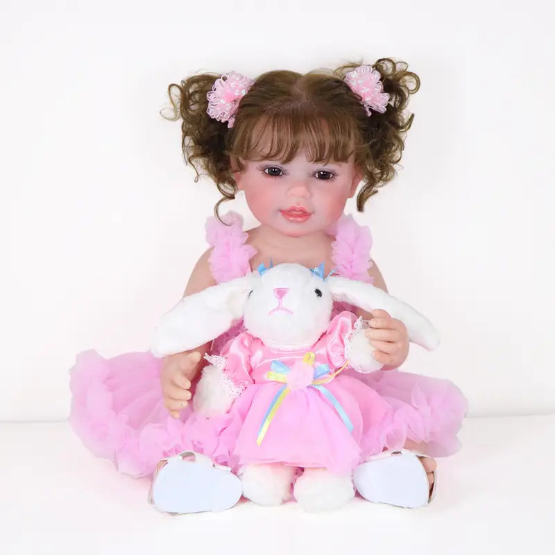 Grande poupée réaliste fille en robe rose avec doudou lapin et biberon – Jouet interactif pour enfants