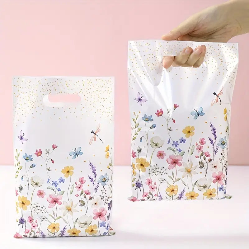Sacs Cadeaux Plastique à Motifs Floraux – Sachets avec Poignée pour Anniversaire, Mariage et Emballages Cadeaux Élégants