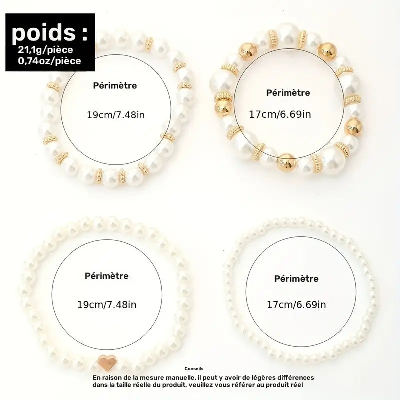Bracelets femme perles blanches et dorées – Lot de 5 bijoux élégants et tendance