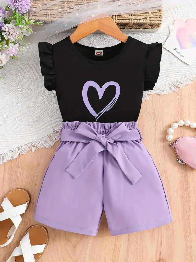 Ensemble fille été 2 pièces – T-shirt noir à volants et short rose