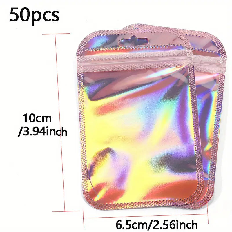 Sachets holographiques zip rose – Pochettes plastique refermables brillantes pour emballage cadeau, bijoux, bonbons ou artisanat