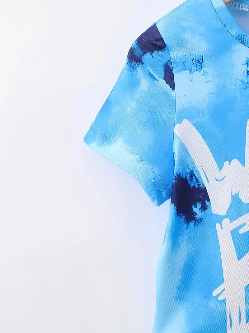 Ensemble Garçon Été – T-shirt Bleu Tie-Dye et Short Noir Casual