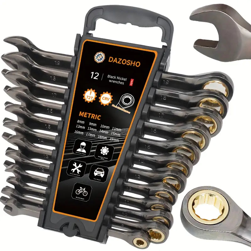 Jeu de clés à cliquet 12 pièces métriques – Outils manuels en acier CR-V avec étui