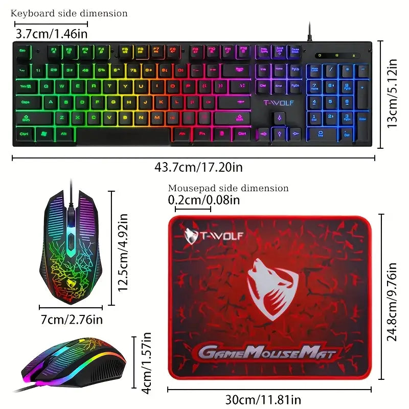 Pack Gaming 3 en 1 – Clavier Filaire T-WOLF + Souris Gamer Ergonomique + Tapis de Souris Antidérapant
