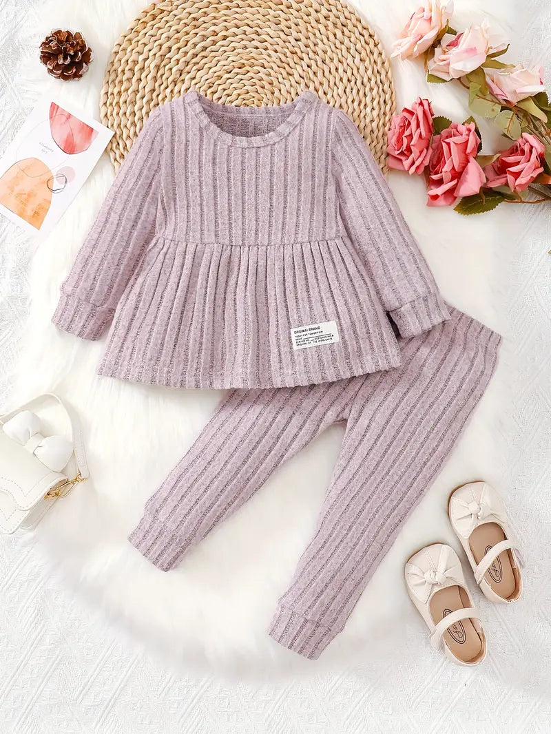 Haut bébé fille manches longues en tricot côtelé – Ensemble chaud et confortable automne/hiver