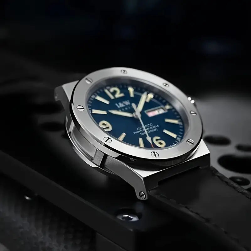Montre homme automatique élégante – Cadran bleu avec affichage date et bracelet cuir