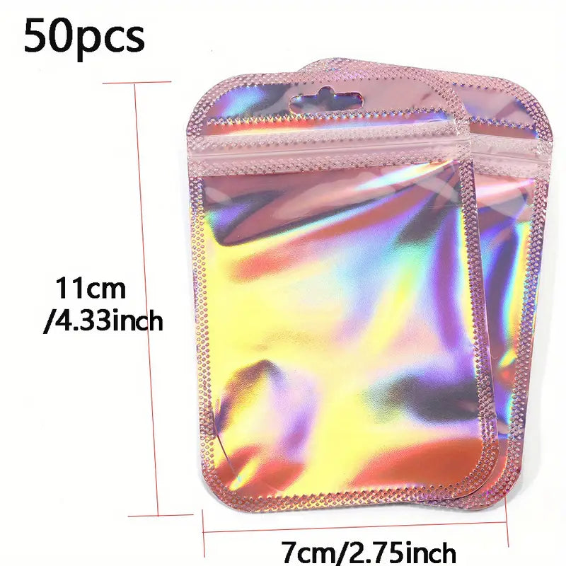 Sachets holographiques zip rose – Pochettes plastique refermables brillantes pour emballage cadeau, bijoux, bonbons ou artisanat