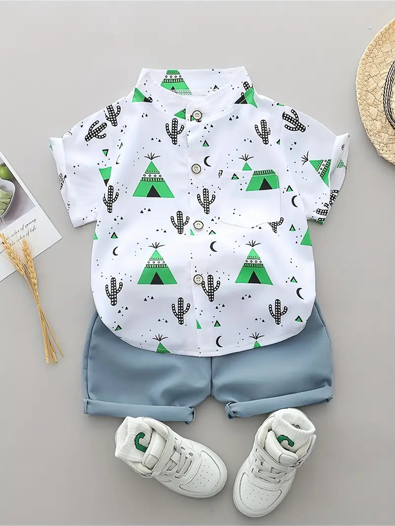 Chemise garçon à motifs cactus et tipis avec short rose – tenue estivale chic et confortable