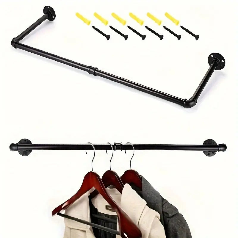 Portant Mural Industriel en Métal Noir – Barre de Suspension pour Vêtements et Présentoir Boutique