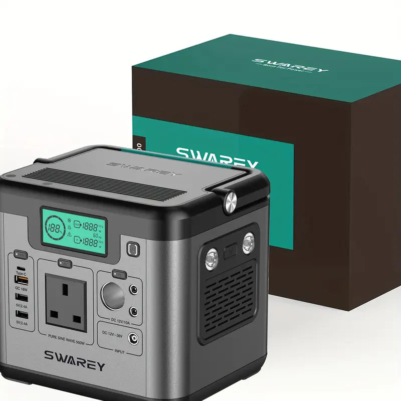 Station d’alimentation portable Swarey 500W – Générateur rechargeable compact avec prises USB, AC et lampe LED intégrée