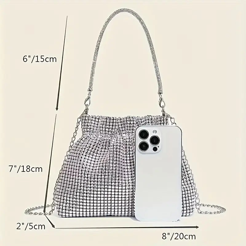 Pochette de soirée femme argentée – Sac chic à strass et bandoulière chaîne
