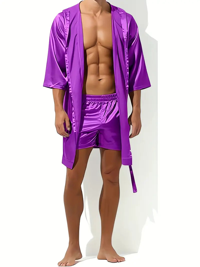 Peignoir sexy homme en satin – Kimono court brillant avec ceinture, Élégance & séduction