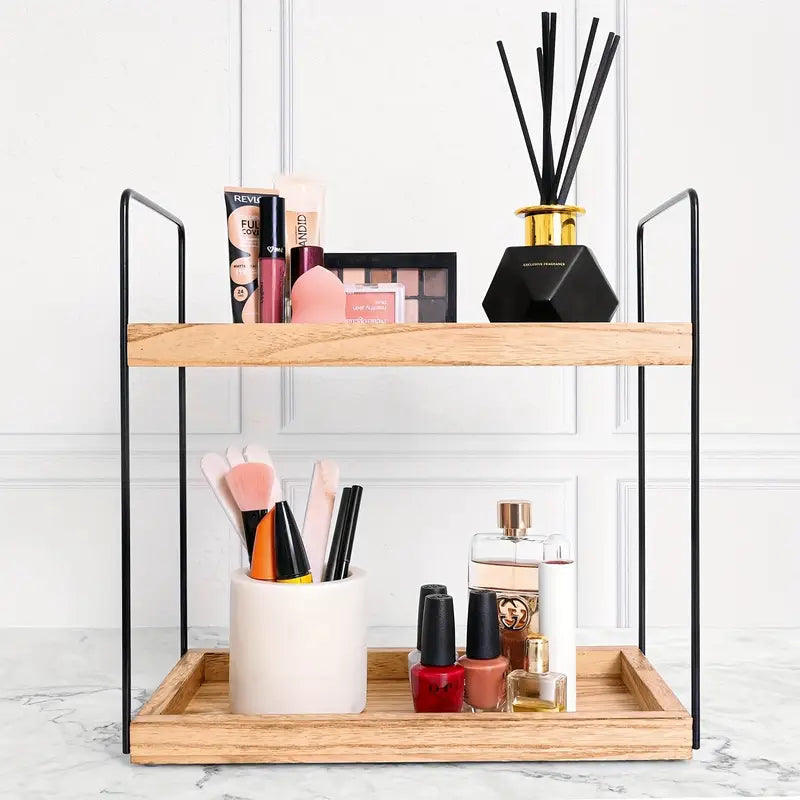 Étagère de Rangement à 2 Niveaux en Bois et Métal – Organisateur pour Cosmétiques, Parfums et Accessoires