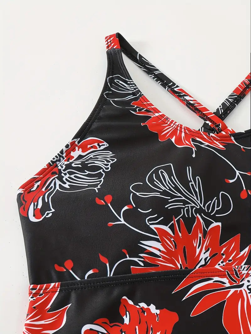 Tankini shorty noir à fleurs – Ensemble deux pièces sport chic