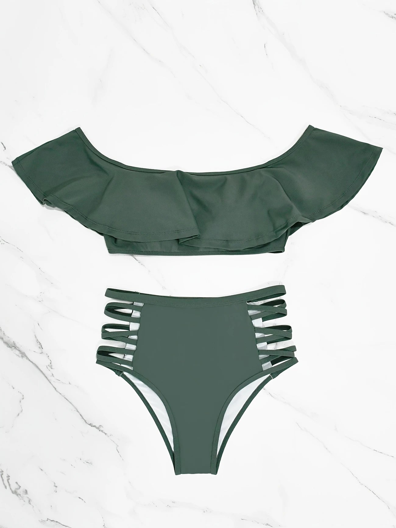 Ensemble Maillot de Bain Femme à Volants – Haut Épaules Dénudées & Culotte Taille Haute à Lanières