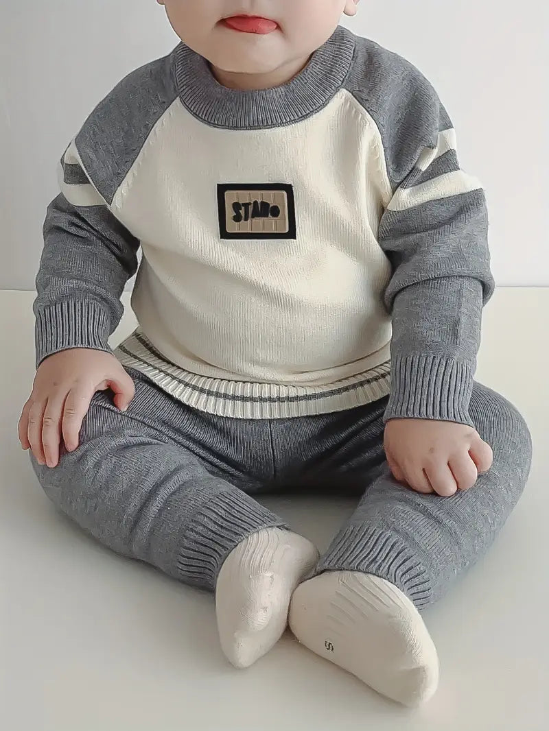 Ensemble Bébé Garçon Hiver en Tricot – Tenue Chaude 2 Pièces Pull et Pantalon Gris