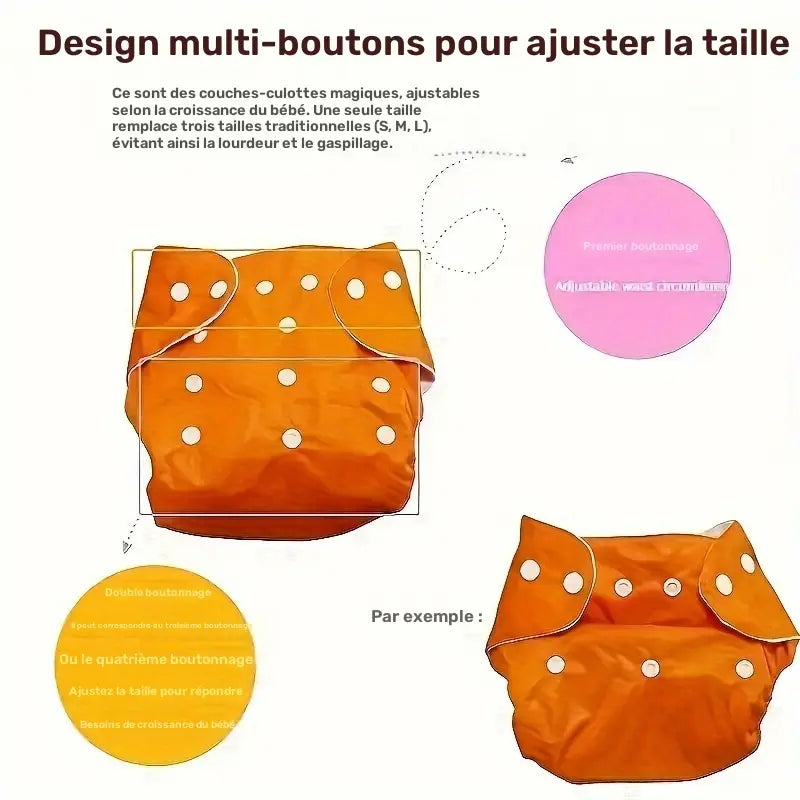 Lot de 7 Couches Lavables Bébé Réglables – Culottes Réutilisables Colorées avec Boutons Pression Étanches