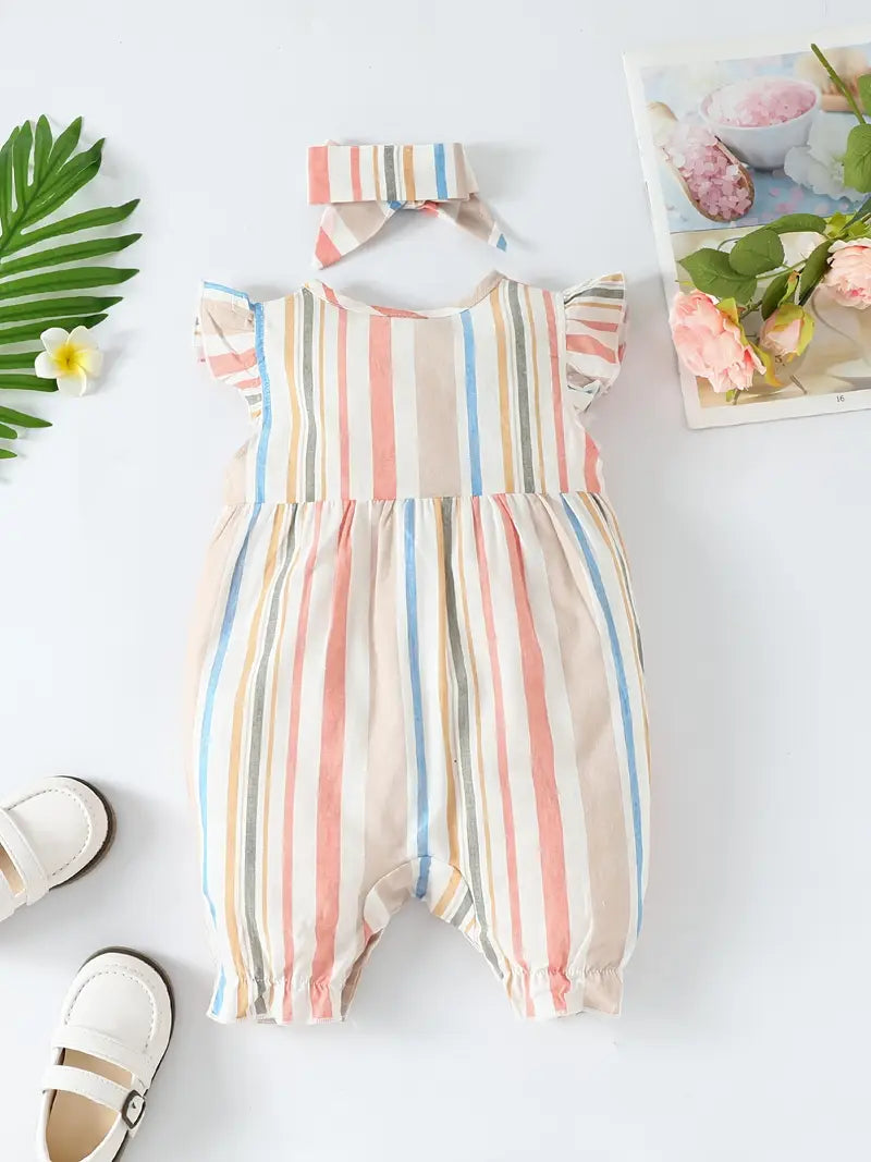 Combinaison bébé fille à rayures – Cadeau naissance avec nœud et bandeau assorti