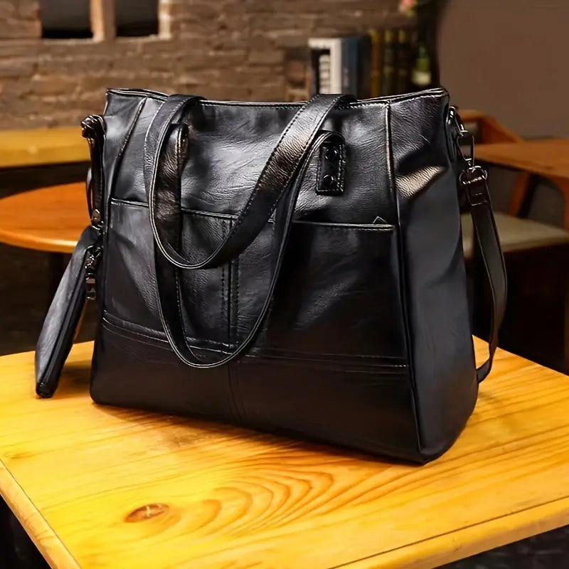 Sac Cabas Femme Noir Élégant en Simili Cuir – Grand Sac à Main avec Bandoulière et Pochette Amovible