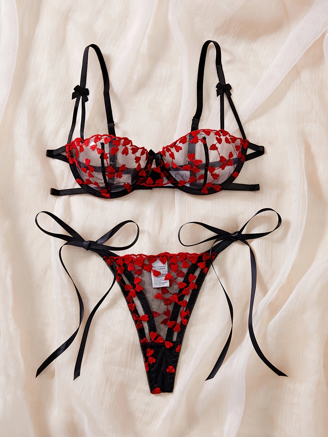 Ensemble Lingerie Sexy Femme en Dentelle Transparente – Soutien-Gorge à Armatures et String à Nouer avec Fleurs Brodées