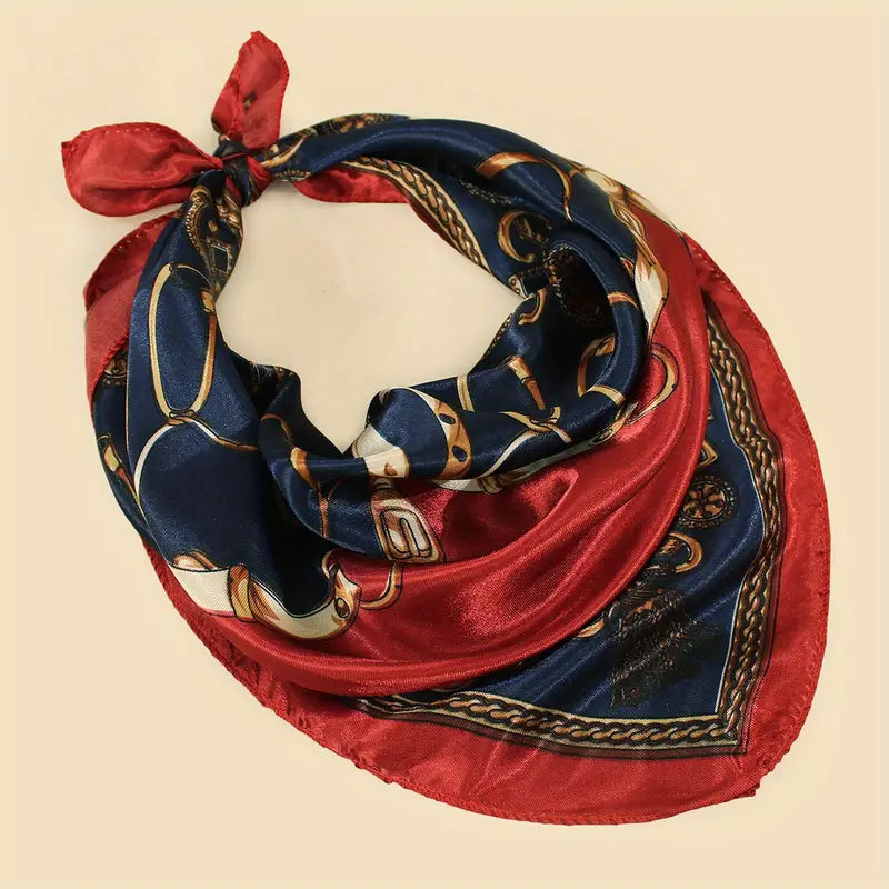 Foulard carré en soie motif équestre rouge et doré – Écharpe élégante pour femme