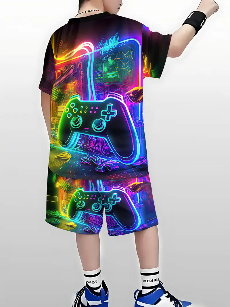 Ensemble Garçon T-shirt et Short Gaming Néon – Tenue Streetwear avec Motif Manette de Jeu