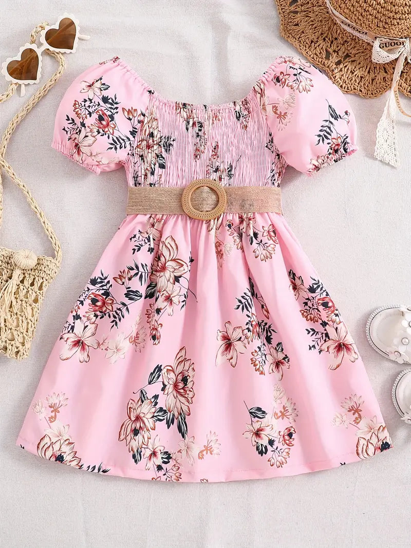Robe fille été à fleurs vert menthe – Manches bouffantes et ceinture tressée