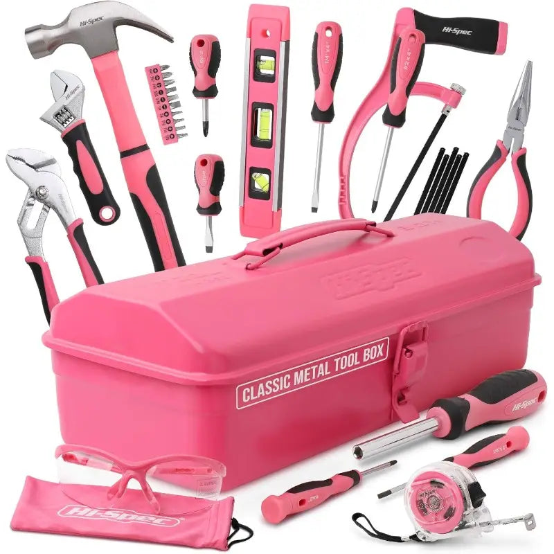 Coffret d’outils manuels complet avec boîte en métal rose – Kit bricolage 16 pièces