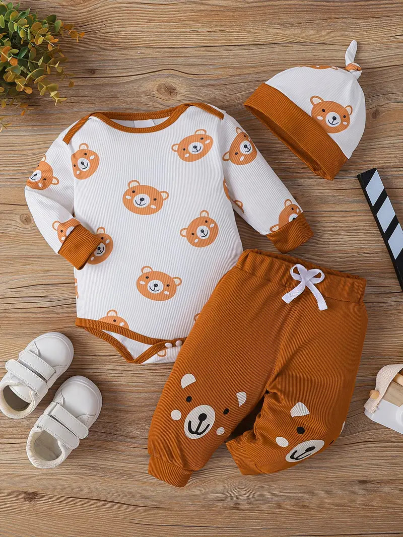 Ensemble Bébé 3 Pièces Motif Ours – Body, Pantalon et Bonnet Coton Confortable