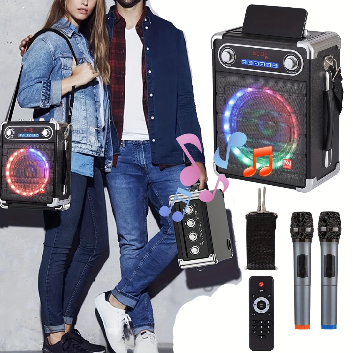 Enceinte Bluetooth Karaoké avec 2 Micros Sans Fil – Haut-Parleur LED Portable, Télécommande & Effets Sonores DJ