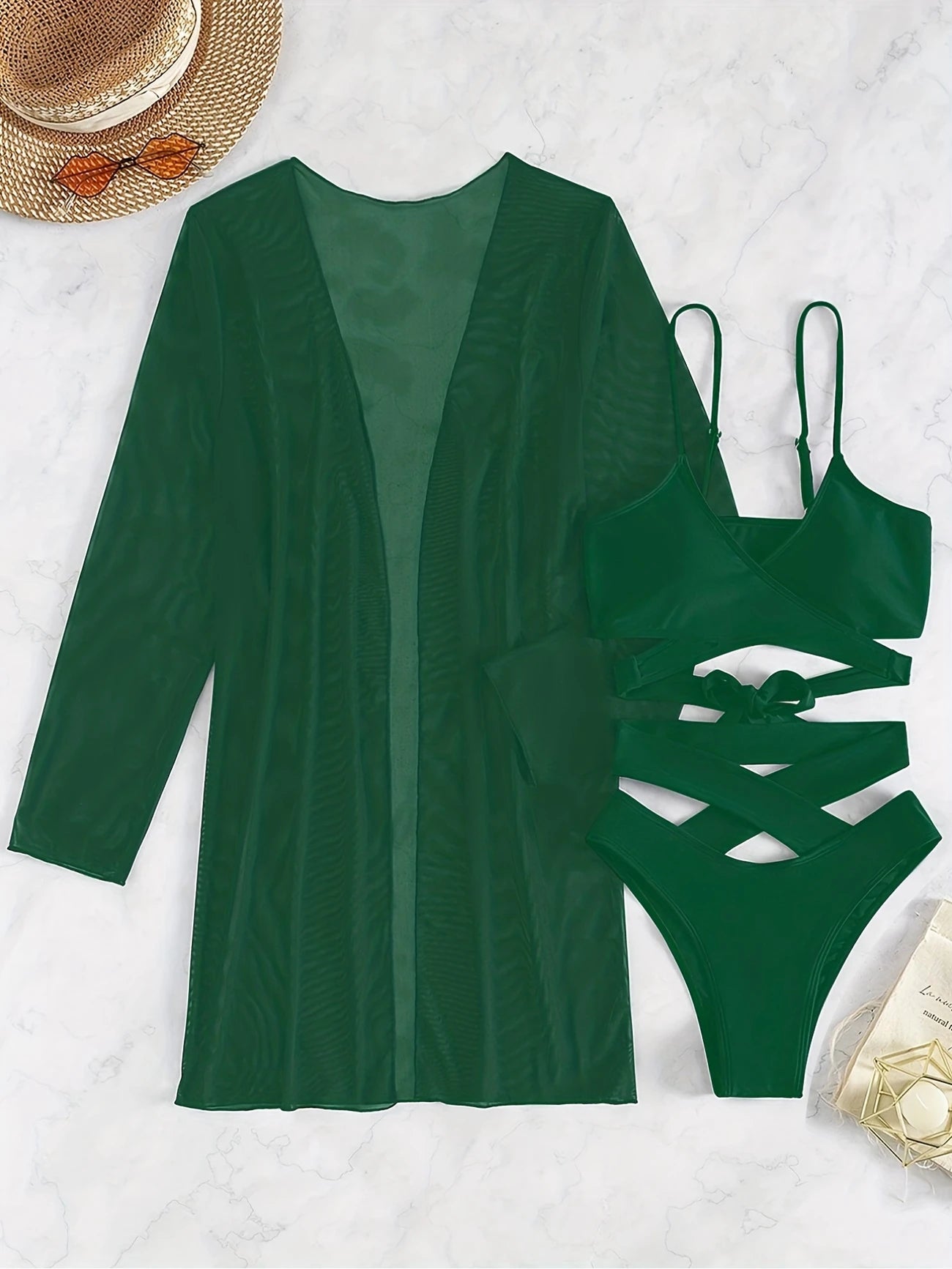 Ensemble de plage 3 pièces vert émeraude – Maillot à découpes + kimono fluide