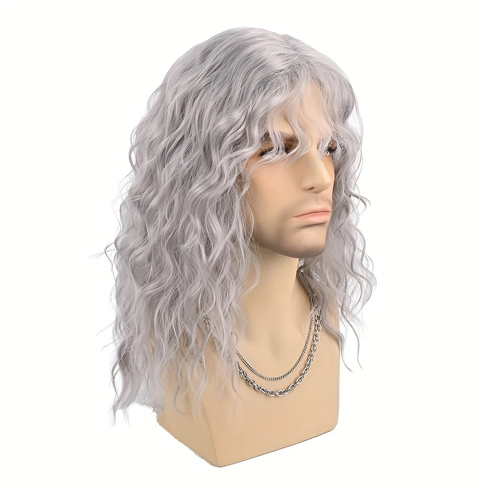 Perruque Homme Longue Ondulée avec Frange – Cheveux Synthétiques Naturels pour Déguisement ou Look Rock