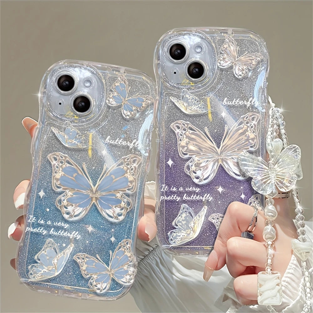 Coque de Téléphone Transparente avec Papillons et Strass – Design Éclatant avec Accessoire Suspendu
