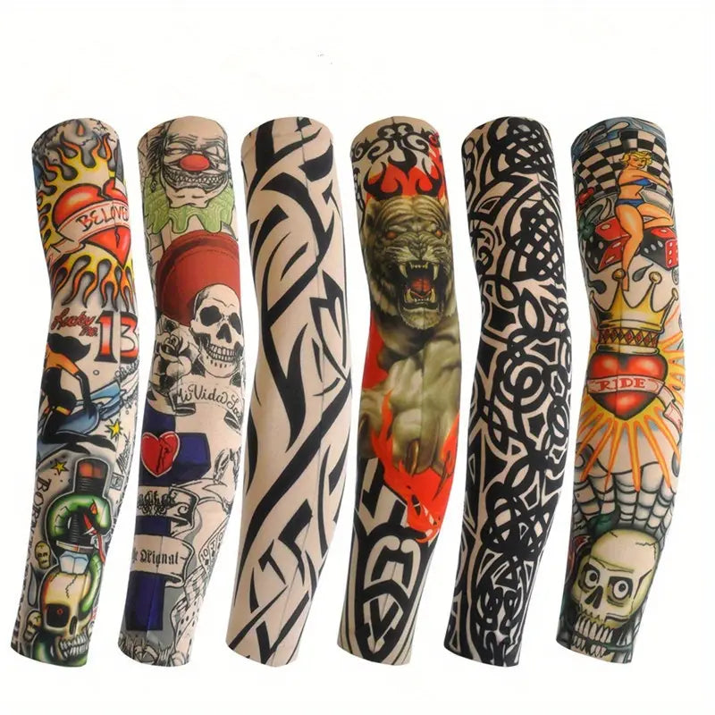 Manchons Tatouage Temporaires – Lot de 6 Manches Effet Tattoo Réaliste | Élastiques, Respirants & Réutilisables – Style Tribal, Crâne, Motifs Noirs