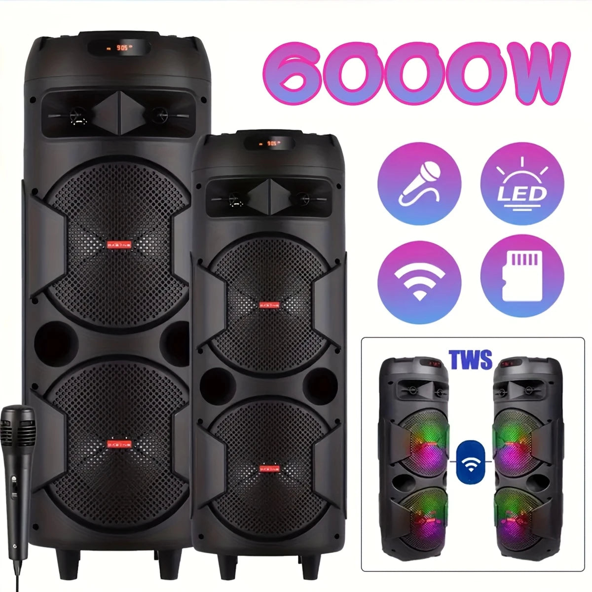 Enceintes Sono Bluetooth 6000W avec LED & Micro – Pack DJ TWS Sans Fil, Lecteur USB/SD & Effets Lumineux