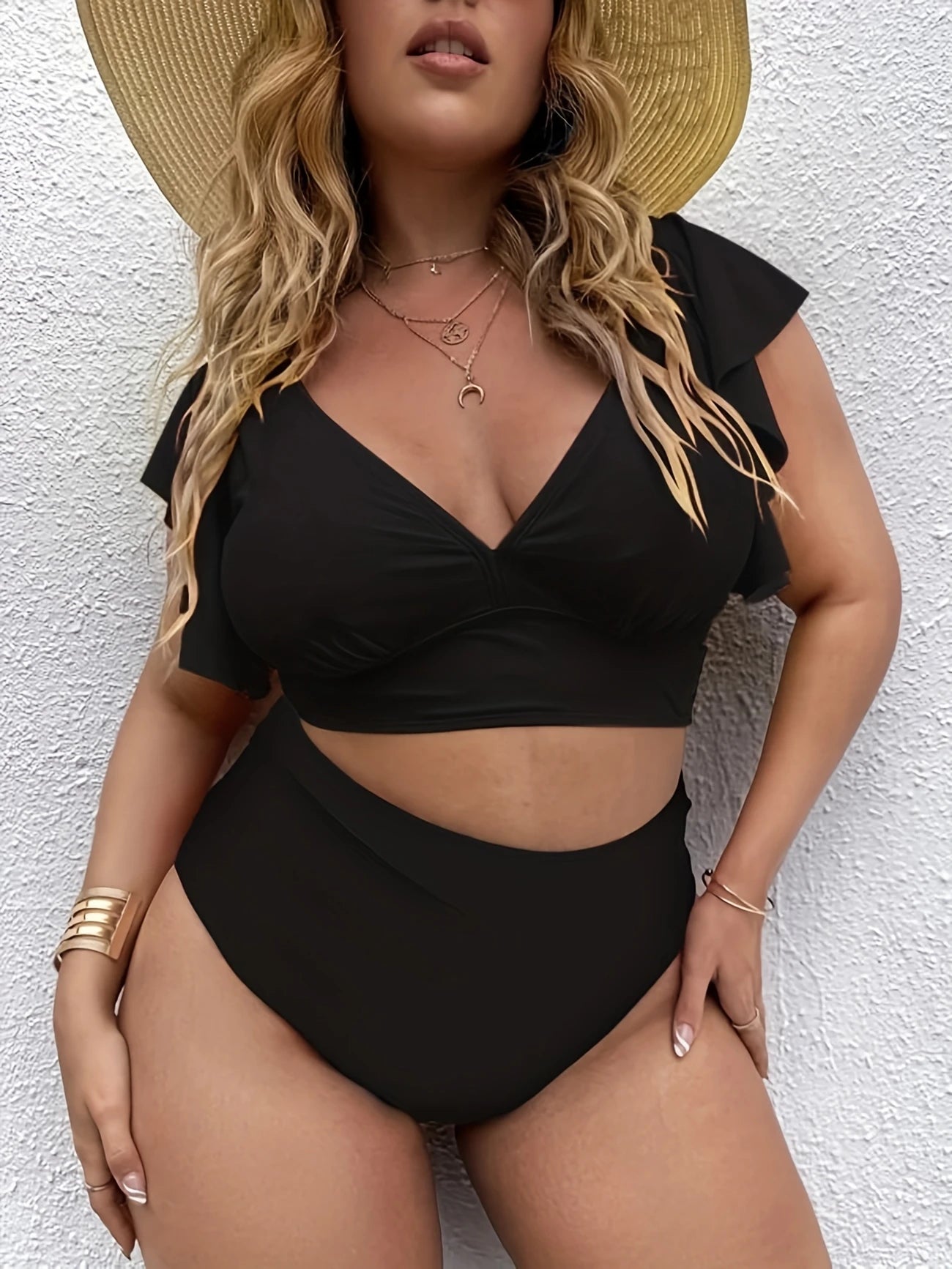 Maillot de Bain Femme Noir Deux Pièces – Haut à Volants & Culotte Taille Haute Gainante