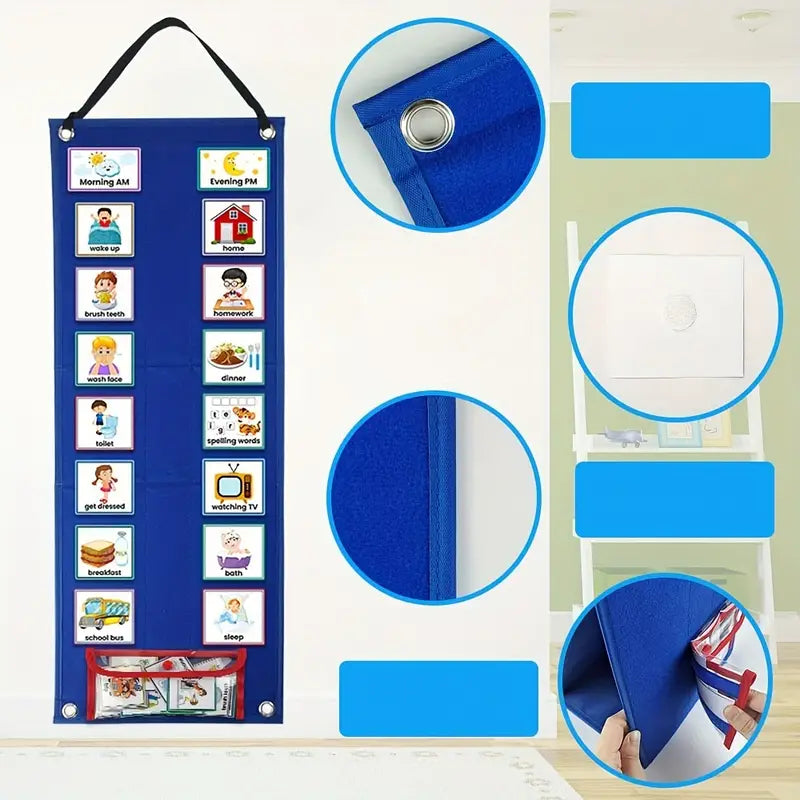 Planning Visuel pour Enfants – Tableau de Routine Quotidienne avec Pochettes et Cartes Illustrées – Outil Montessori pour l’Apprentissage de l’Autonomie