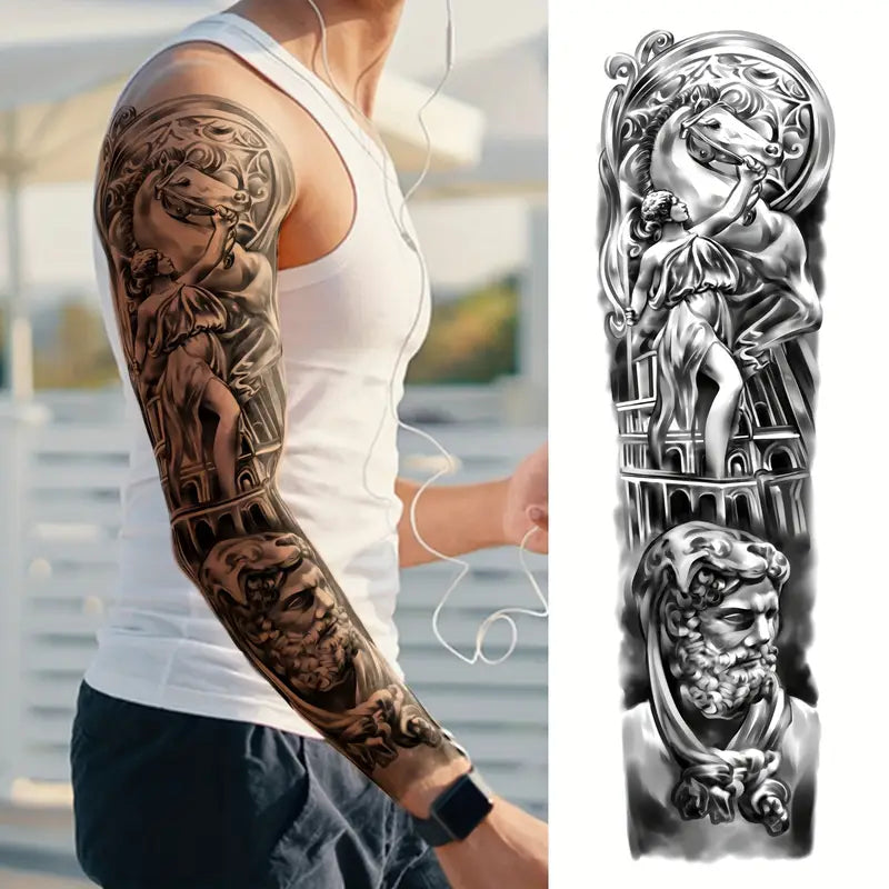 Tatouages Temporaires Bras Complet – Lot de 10 Manches Tattoo Réalistes Noirs & Gris | Effet 3D, Waterproof & Longue Durée – Style Crâne, Horloge, Aigle, Guerrier