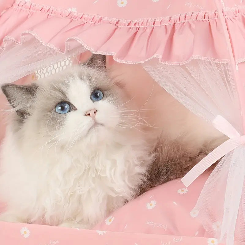 Tente Lit pour Chat en Tissu Rose avec Voilage – Maison Douillette et Respirante pour Animaux de Compagnie