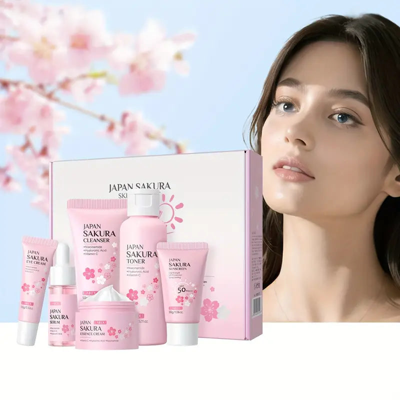 Coffret Soin Visage JAPAN SAKURA – Ensemble 6-en-1 Hydratant & Éclat, Acide Hyaluronique, Vitamine C, Niacinamide
