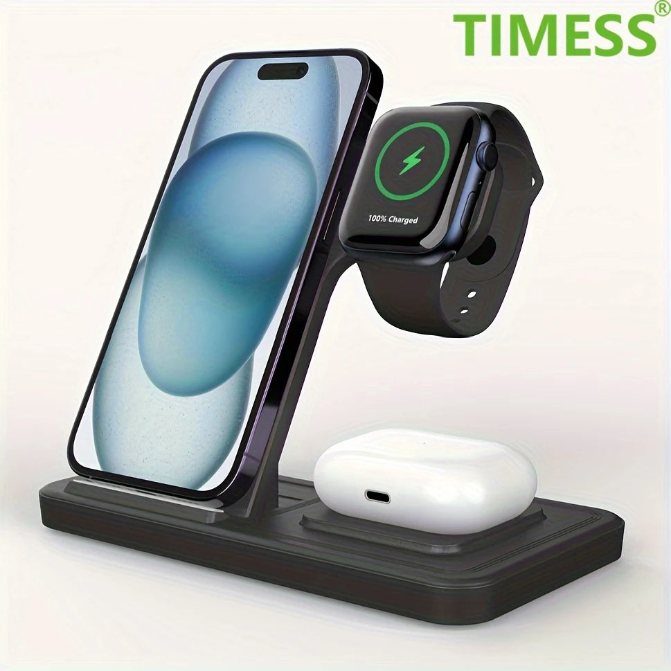 Station de Charge Sans Fil 3 en 1 TIMESS – Chargeur iPhone, Apple Watch et AirPods avec Indicateur LED