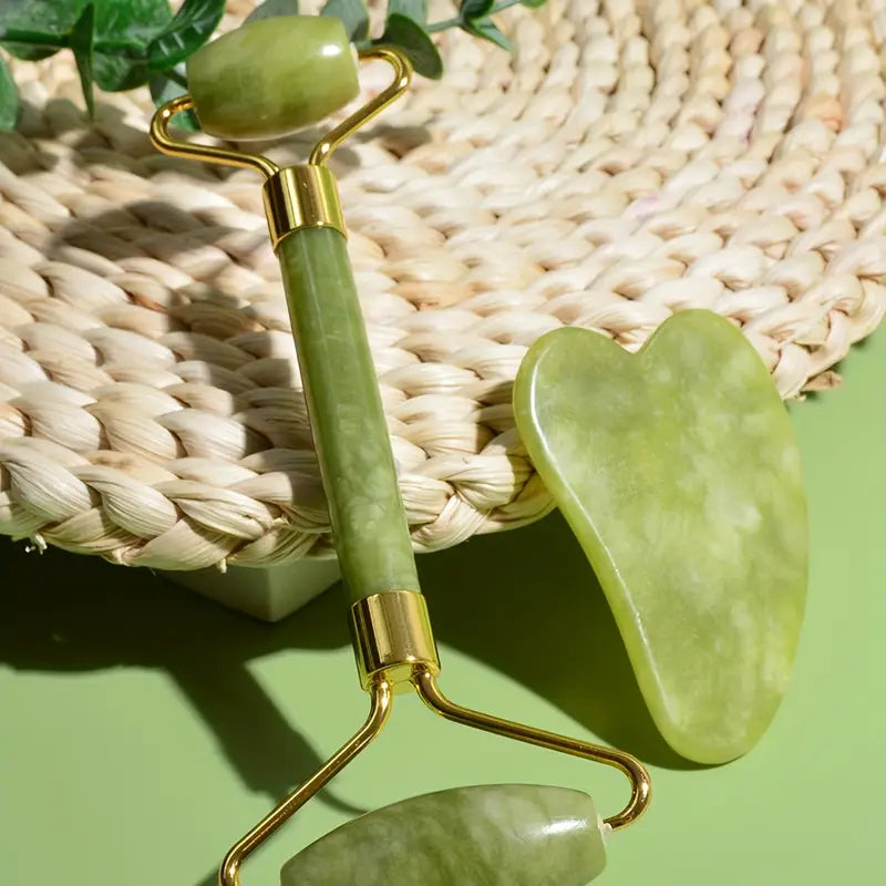 Kit Roller Visage et Gua Sha en Pierre de Jade – Massage Liftant, Drainage Lymphatique et Éclat Naturel